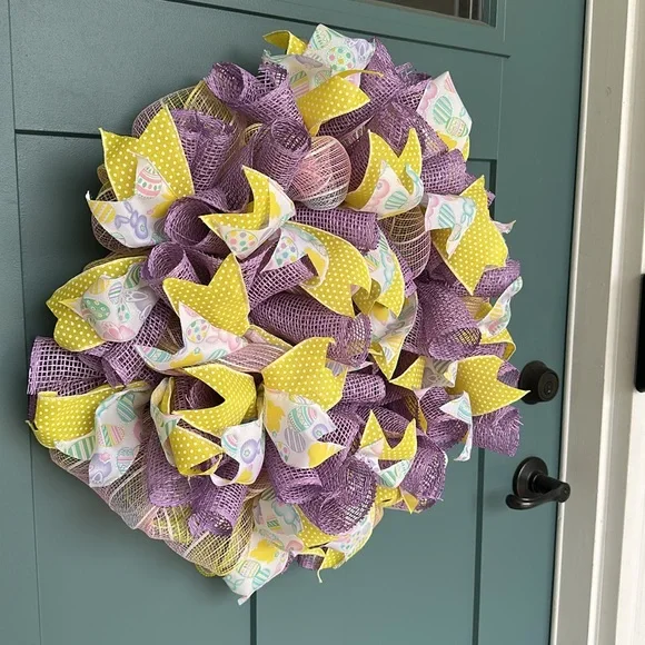 Handmade 24” Easter WreathPastel Spring Mesh & Ribbon Door Decor Pouf Wreath